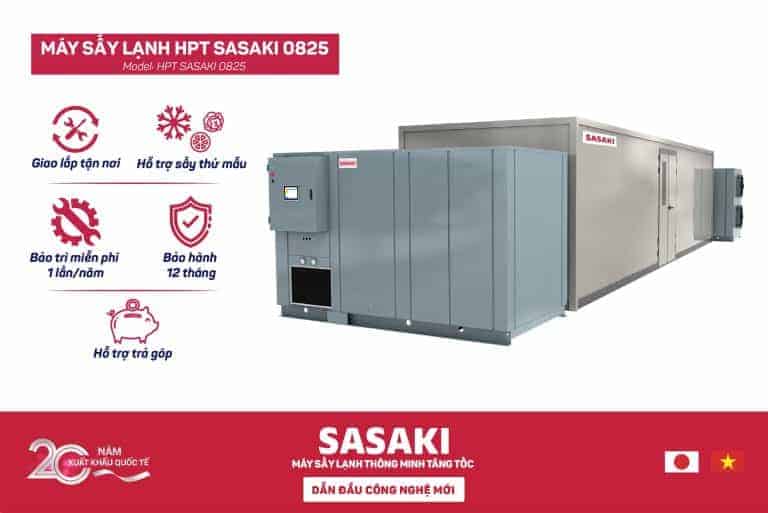 Máy sấy lạnh HPT SASAKI 0825 đáp ứng nhu cầu sấy lên tới 2500kg cá tươi/mẻ 