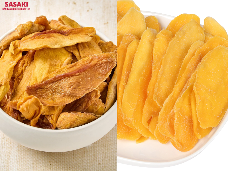 Xoài sấy nhiệt (bên trái) và xoài sấy lạnh (bên phải)