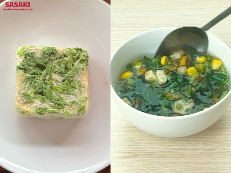 Viên canh rau sấy thăng hoa dễ dàng hoàn nguyên khi pha với nước nóng, tạo thành canh rau ăn liền