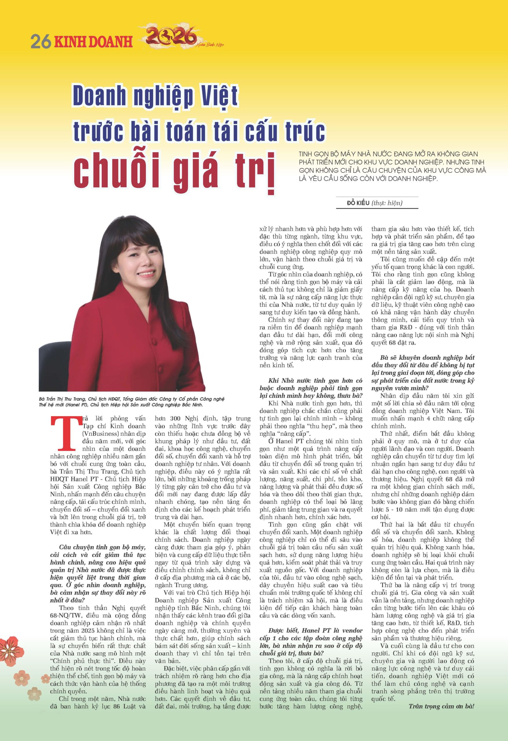 Bà Trần Thị Thu Trang – Chủ tịch SASAKI trên tạp chí Vnbusiness số đặc biệt Xuân Bính Ngọ 2026