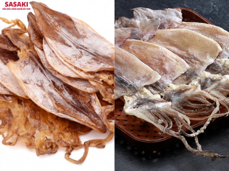Ảnh so sánh mực phơi khô truyền thống và mực sấy thăng hoa