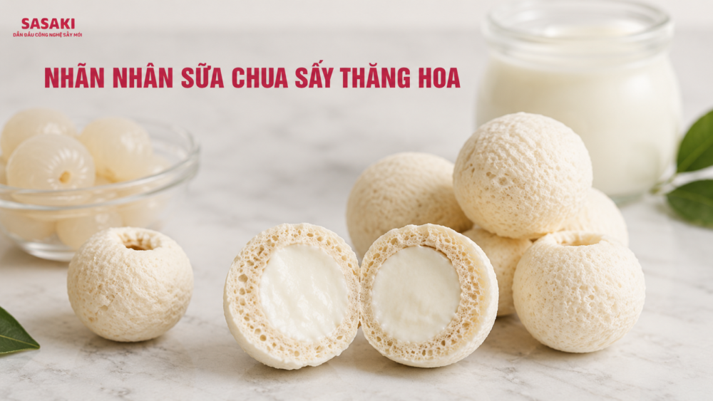 Hình ảnh thấy lớp sữa chua bên trong và cùi nhãn xốp bên ngoài