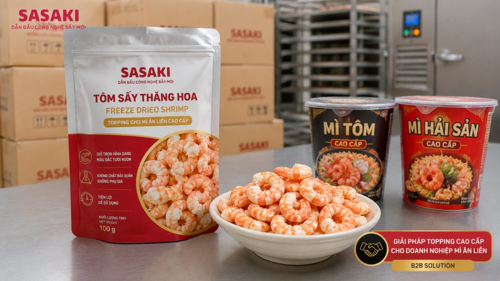 Gói topping tôm sấy thăng hoa cho mì ăn liền cao cấp, tính ứng dụng của sản phẩm sấy thăng hoa trong ngành hàng FMCG