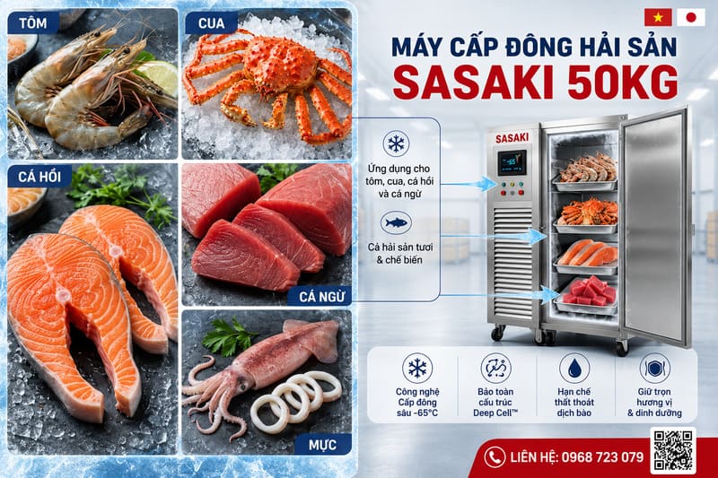 Máy cấp đông hải sản ứng dụng cho tôm, cua, cá hồi, cá ngừ
