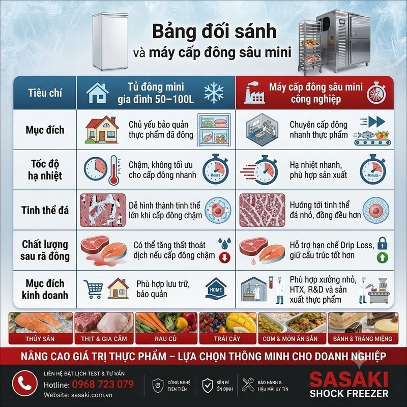 Bảng đối sánh tủ đông mini trữ lạnh và máy cấp đông sâu mini