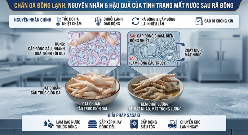 Chân gà đông lạnh không đúng cách sẽ khiến chân gà bị khô, mất nước và chảy dịch sau rã đông