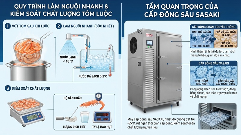 Để giữ độ ngọt cần làm nguội nhanh và kiểm soát chất lượng tôm từ khâu cấp đông