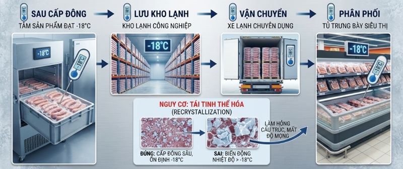 Duy trì liên tục nhiệt độ ≤ -18°C trong suốt quá trình lưu kho, vận chuyển và phân phối