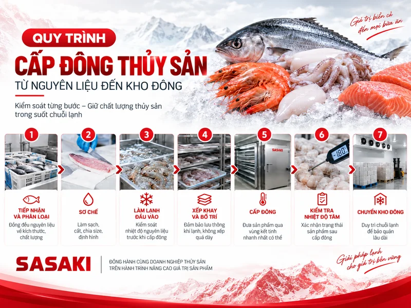 Quy trình cấp đông thủy sản từ nguyên liệu đến kho đông