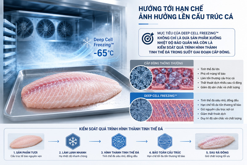 Deep Cell Freezing™ -65°C hạn chế tác động lên cấu trúc mô cá rô phi