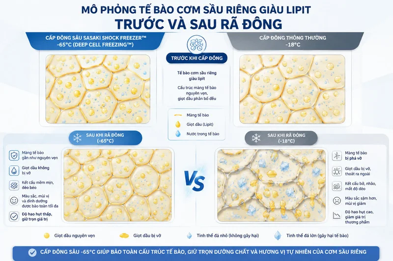 Mô phỏng tế bào cơm sầu riêng giàu lipit trước và sau rã đông