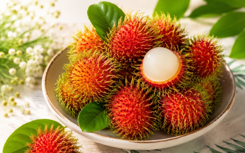 Quả chôm chôm chín có lớp vỏ đỏ đặc trưng, gai mềm và phần thịt trắng mọng nước