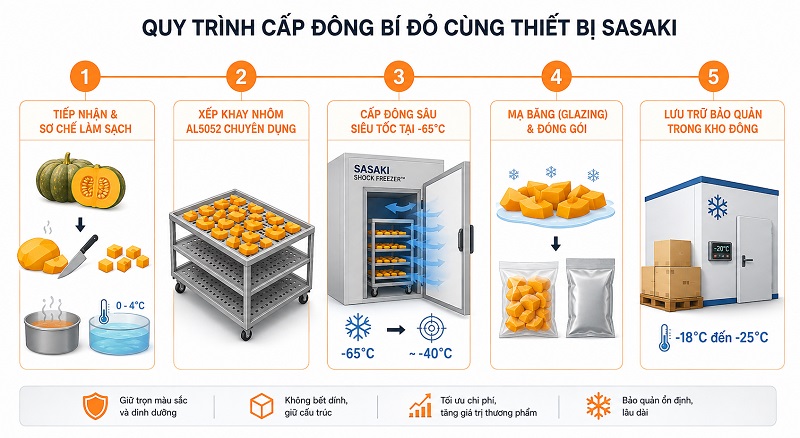 Quy trình cấp đông bí đỏ chuẩn kỹ thuật cùng thiết bị SASAKI