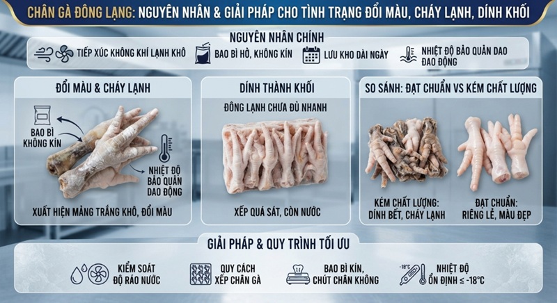 Tình trạng chân gà bị đổi màu, cháy lạnh hoặc dính thành khối do đông lạnh chưa đủ nhanh