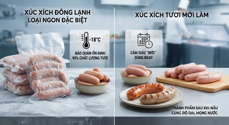 Xúc xích đông lạnh và xúc xích tươi sau khi nấu cùng độ dai, độ mọng nước