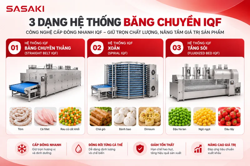 3 dạng hệ thống băng chuyền IQF
