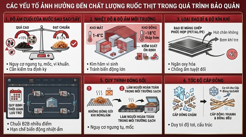 Các yếu tố ảnh hưởng đến chất lượng ruốc thịt trong quá trình bảo quản
