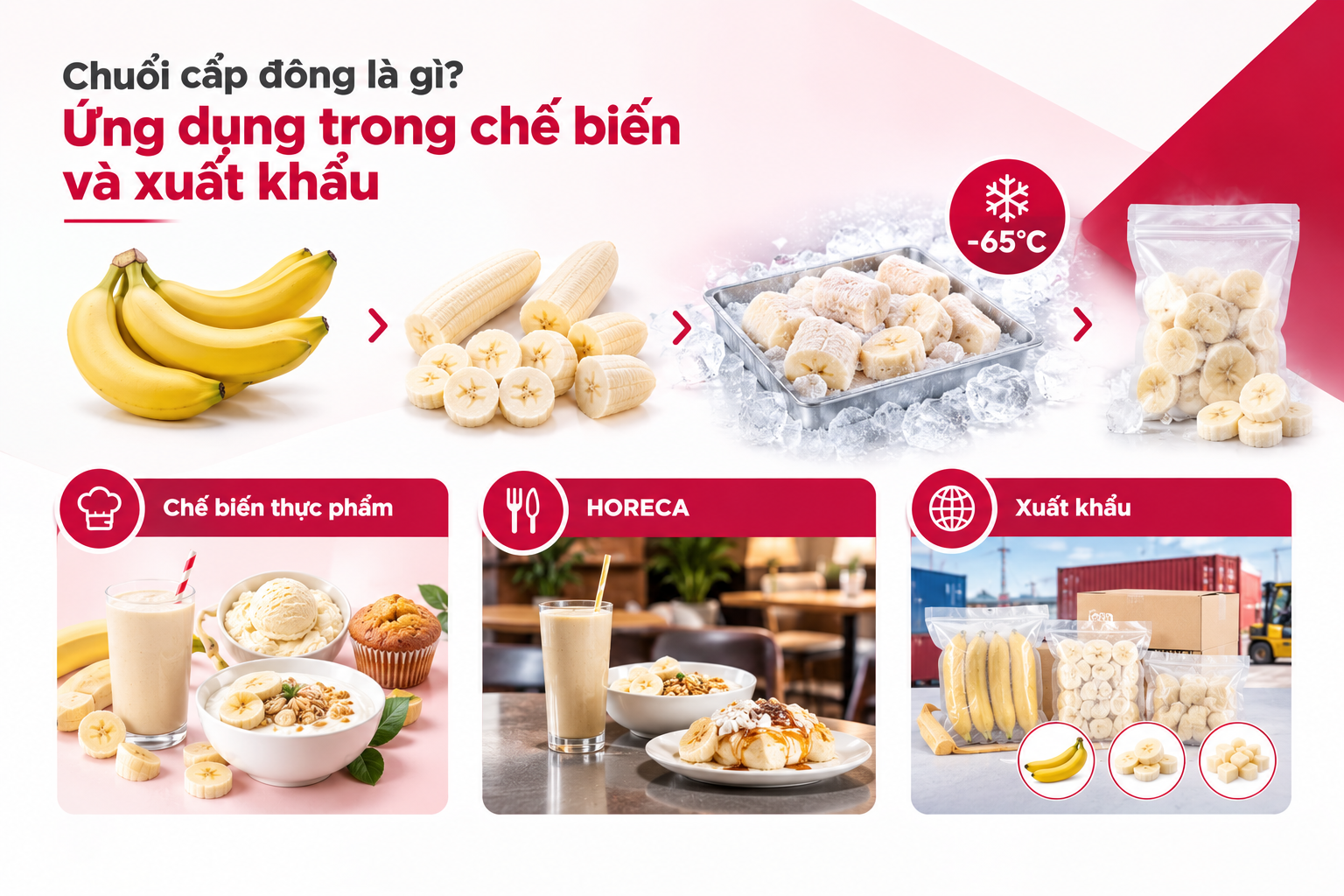 Chuối cấp đông nguyên liệu sau sơ chế phục vụ chế biến và xuất khẩu