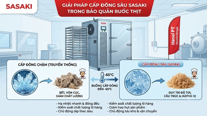 Máy cấp đông sâu SASAKI trong bảo quản ruốc thịt