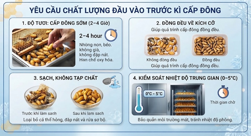 Nhộng ong cần đáp ứng yêu cầu chất lượng đầu vào trước khi cấp đông như thế nào?