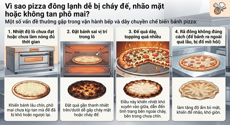 Pizza đông lạnh dễ bị cháy đế, nhão mặt hoặc không tan phô mai do đâu?