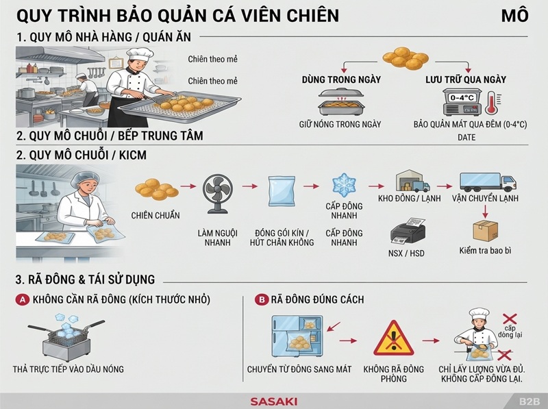 Quy trình bảo quản cá viên chiên tham khảo theo quy mô