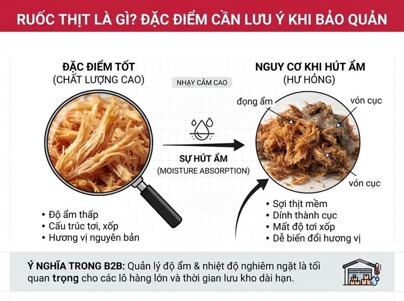 Ruốc thịt có độ ẩm thấp, cấu trúc tơi xốp và hàm lượng protein cao nên rất nhạy cảm với hơi ẩm từ môi trường